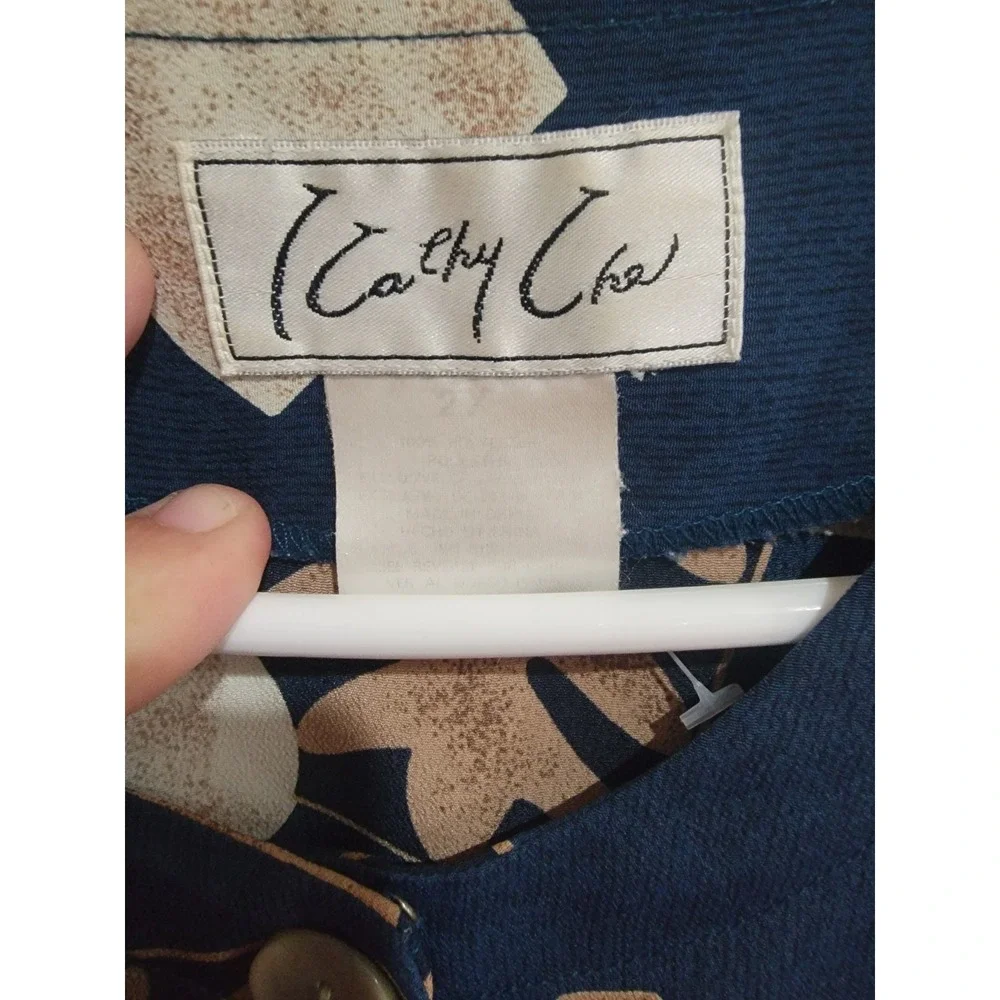 Vintage 90s‎ Cathy Che 2X Navy Abstract Geometric Scalloped Blouse Shoulder Pads